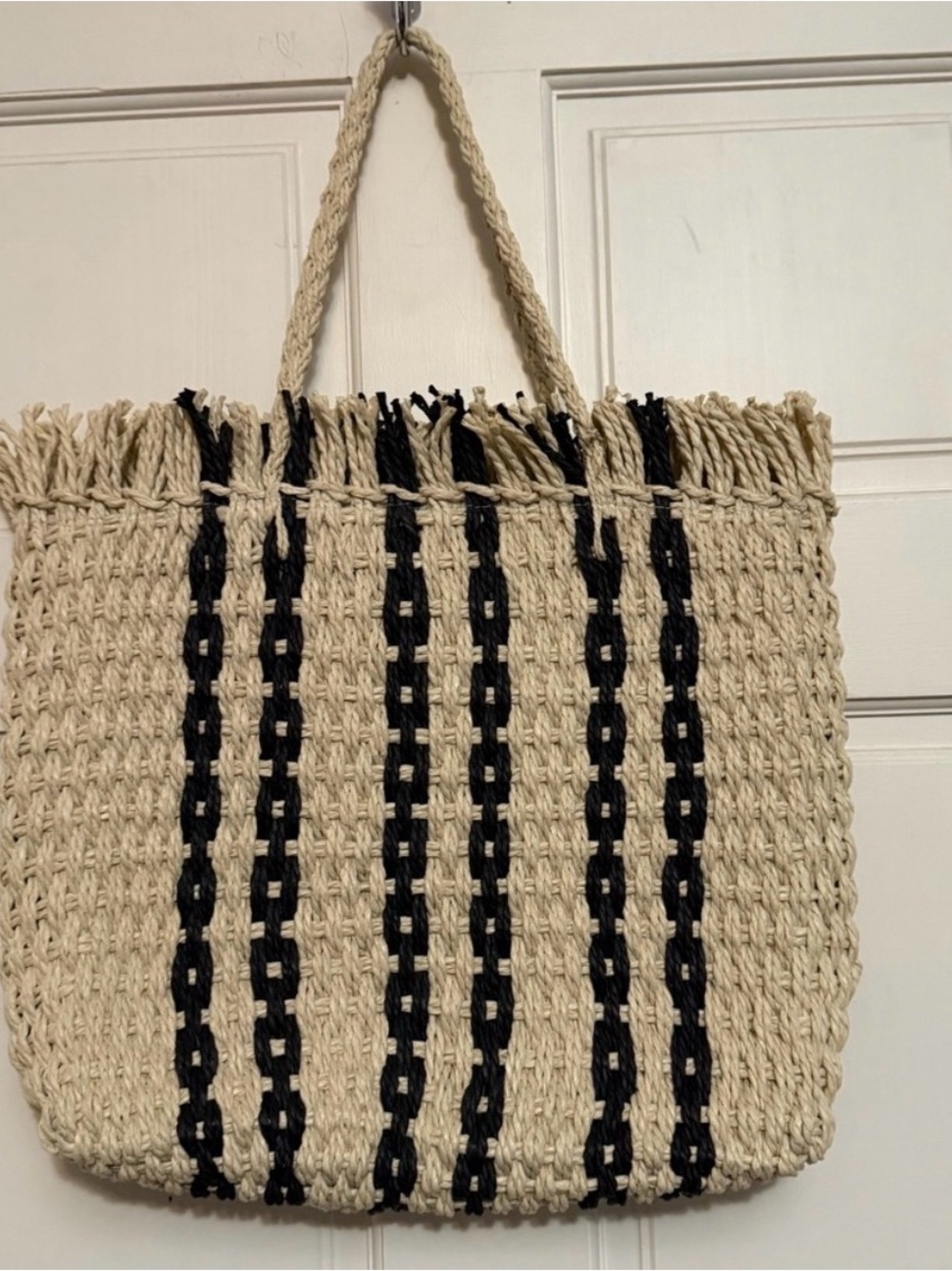 Haute Hippie Natural and Black Woven Straw Tote with Heart Charm - Picture 2 of 3